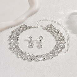 Кристалл Комплект из ожерелья из сплава со стразами и серег-гвоздиков, кольцо, серебряные, кристалл, 290 мм и 40 мм