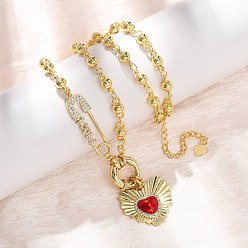 Настоящее золото 18K Подвеска-колье «Мама» из латуни с микропаве, прозрачным кубическим цирконием и эмалью красного цвета в виде священного сердца, ко Дню матери, для женщин., без кадмия и без свинца, долговечный, стойки покрытие, реальный 18 k позолоченный, 17.48 дюйм (44.4 см)