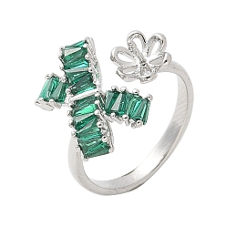 Платина Оправы для колец-манжет в виде банта и цветка из латуни с микропаве из кубических цирконий, за половину пробурено бисера, стойки покрытие, долговечный, без свинца и без кадмия, платина, внутренний диаметр: 18 мм, лоток : 7x7 мм, штифты : 3x0.8 мм