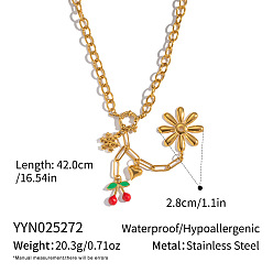 Настоящее золото 18K 304 Женские ожерелья с подвесками в виде цветка красной вишни из нержавеющей стали, реальный 18 k позолоченный, 16.54 дюйм (42 см)