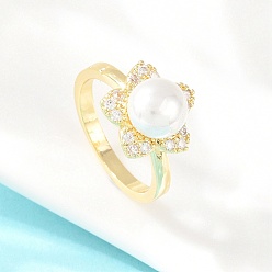 Настоящее золото 18K Кольца для женщин с микропаве из латуни и кубическими цирконами, круглые, с абс пластмассовой имитационной жемчужиной, реальный 18 k позолоченный, 12.5 мм, внутренний диаметр: 16.8 мм