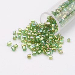 Yellow Green 11/0 Two Cut Round Hole Glass Seed Beads, Hexagon, Silver Lined, Rainbow Plated, Yellow Green, 2x2mm, Hole: 0.5mm, about 41000pcs/pound