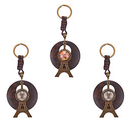 Antique Bronze DIY Keychain Making, Alloy Cabochon Settings Keychain, with Imitation Leather Pendants & Iron Rings, Glass Cabochons, Tower, Antique Bronze, 6pcs/set