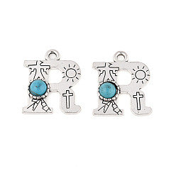 Letter R Подвески из синтетической бирюзы и сплавов, письмо амулеты, античное серебро, Буква R, 24.5x20.5x4 мм, отверстие : 3 мм