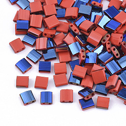 Red FGB 2-Hole Glass Seed Beads, Half Blue Plated Colours, Square, Red, 5x4.5~5.5x2~2.5mm, Hole: 0.5~0.8mm, about 1180pcs/bag