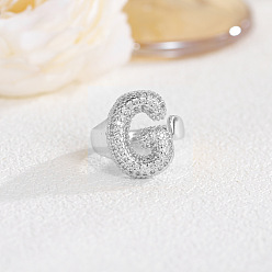 Letter G Латунные кольца из манжеты с прозрачным цирконием, платина, Буква G, внутренний диаметр: регулируемый