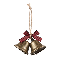 Античная Бронза Железный колокольчик, Бантик из полиэфирного тартана и джутовый шнур для украшения двери дома, античная бронза, 117x72 мм