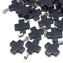 Синий Драгоценный Камень Синтетический синий авантюрин подвески, с защелкой из нержавеющей стали на поручнях, крестик, 24~25x20~21x5~6 мм, отверстие : 6x4 мм