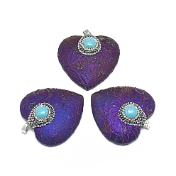 Indigo Electroplated Natural Ore Pendants, with Rhinestone, Turquoise and Brass Findings, Heart, Platinum, Indigo, 47~50x49x8~9mm, Hole: 7x3mm