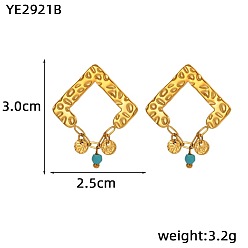Rhombus 304 Серьги-гвоздики из нержавеющей стали и синтетической бирюзы, золотые, ромб, 30x25 мм