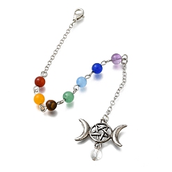 Смешанные камни Маятники для лозоходства с чакрами из натурального красного агата, тигрового глаза, аметиста и окрашенного нефрита, с реечным покрытием, фурнитура из латуни и сплавов, тройная луна, 218 мм