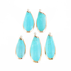 Medium Turquoise Electroplate Spray Painted Sea Shell Pendants, with Brass Findings, Oval, Golden, Medium Turquoise, 40~50x15~22x10~15mm, Hole: 2mm