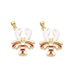 Белый Латунь эмаль подвески, креветки прелести, золотые, белые, 25.5x18.5~19x3 мм, отверстие : 5x3.5 мм