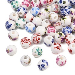 Mixed Color Printed Floral Printed Porcelain Beads, Flower Patterned Ceramic Round Beads with Flower Pattern, Mixed Color, 10.5x9.5mm, Hole: 2~2.4mm