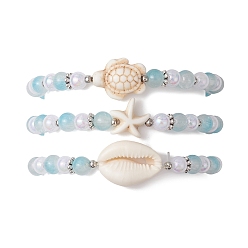 (404) Непрозрачное AB Кислое яблоко 3шт 3 стили круглые комплекты эластичных браслетов из акрила и стеклянных бусин, Летние штабелируемые браслеты из синтетической бирюзы и ракушек каури, окрашенные в пляжный цвет, для женщин, цветочный белый, внутренний диаметр: 2-1/8 дюйм (5.5 см), 1 шт / стиль