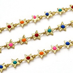 Colorful Brass Link Chains, with Enamel, Spool, Long-Lasting Plated, Unwelded, Star, Golden, Colorful, Link: 9x6.1x1.5mm