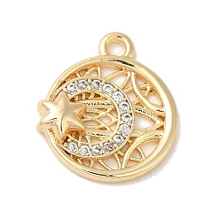 Golden Brass Micro Pave Cubic Zirconia Charms, Flat Round with Moon & Star, Golden, 13x11x2.2mm, Hole: 1.2mm