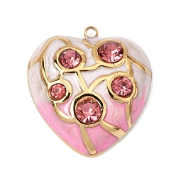 Pink 304 Stainless Steel & Enamel & Rhinestone Pendants, Heart Charms, Ion Plating(IP), Long-Lasting Plated, Real 18K Gold Plated, Rose, Pink, 22.5x20.5x6.5mm, Hole: 1.5mm