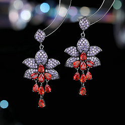 Красный Серьги-гвоздики с подвесками из латуни с микропаве из кубических цирконий в форме цветка и каплевидной формы, платина, красные, 52x24 мм