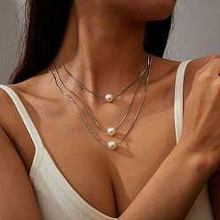 Платина 3 шт. круглые подвески из латуни и искусственного жемчуга, составные 3 многослойные ожерелья для женщин, белые, платина, 17.72 дюйм (45 см)