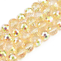 Yellow Electroplate Transparent Glass Beads Strands, Faceted, Round, Yellow, 10x9mm, Hole: 1.5mm, about 68~70pcs/strand, 24.4~25.19 inch(62~64cm)