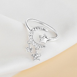 Платина 925 Кольца-манжеты из стерлингового серебра с микропаве из кубических цирконий для женщин, Луна и звезды, платина, внутренний диаметр: 16.3 мм