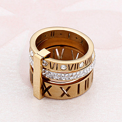 Розовое Золото Римские цифры 304 кольца из нержавеющей стали и хрустальных страз, розовое золото , размер США 7 (17.3 мм)
