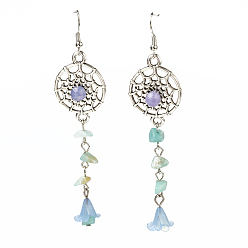 Flower Amazonite Natural Flower Amazonite and Natural Aquamarine Beads Dangle Earrings, with Alloy and Iron Findings, Flat Round with Spider Web, Lovely Wedding Dress Angel Dangle, 95mm, Pin: 0.5mm, Pendants: 76x23x9mm