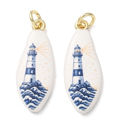Marine Blue Printed Brass Pendants, Teardrop with Lighthouse Charms, Golden, Marine Blue, 26x10x3mm, Hole: 3mm