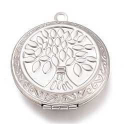 Stainless Steel Color Tarnish Resistant 316 Stainless Steel Locket Pendants, Photo Frame Charms, Flat Round with Tree of Life, Stainless Steel Color, 35.5x31x8.5mm, Hole: 2.5mm, Inner Diameter: 23mm