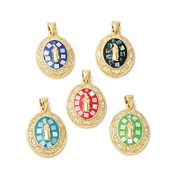 Mixed Color Oval with Virgin Mary Brass Micro Pave Clear Cubic Zirconia Pendants, with Enamel & Shell, Long-Lasting Plated, Lead Free & Cadmium Free, Real 18K Gold Plated, Mixed Color, 22x16x4mm, Hole: 5x3.5mm