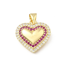 Средний Фиолетово-красный Латунные микро проложить кубического циркония подвески, сердце, реальный 18 k позолоченный, стойки покрытие, долговечный, без свинца и без кадмия, средне фиолетовый красный, 17x17.5x4 мм, отверстие : 4.7x3.5 мм