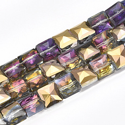 (932FM) Темно-синий аква-матовый с подкладкой Стеклянные бусины с гальваническим покрытием , с половиным покрытием, граненые, квадратный, темно-золотистые, 8x8x5.5 мм, отверстие : 1 мм, около 80 шт / нитка, 25.1 дюйм