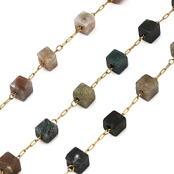 (RRHB277) Кристалл на подкладке из медово-бежевого цвета Ручная работа 304 бусины из индийского агата из нержавеющей стали кубические звенья цепочки, долговечный, пайки, с катушкой, ионное покрытие (ip), реальный 18 k позолоченный, 4.5x4.5x4.5 мм