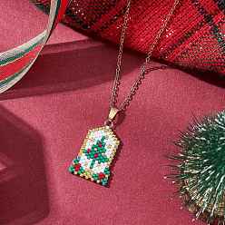 Золотой Прямоугольник из стеклянных бус с подвеской в виде рождественской елки 304 Женские ожерелья из стальной тросовой цепи, зелёные, золотые, 17.95 дюйм (45.6 см)