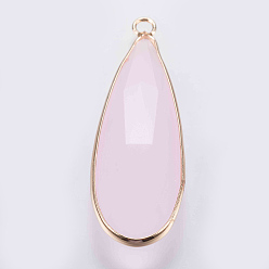 Misty Rose Glass Pendants, with Brass Finding, Faceted, teardrop, Golden, Misty Rose, 43x14x5.5mm, Hole: 2mm
