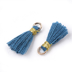 Steel Blue Polycotton(Polyester Cotton) Tassel Pendant Decorations, Mini Tassel, with Iron Findings and Metallic Cord, Light Gold, Steel Blue, 10~15x2~3mm, Hole: 1.5mm