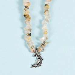 Rutilated Quartz Natural Rutilated Quartz Necklaces, with Alloy Charms, Moon Face, 14.57 inch(37cm)