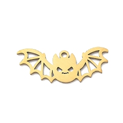 Oro Colgantes de acero inoxidable Halloween 201, encantos de murciélagos, dorado, 10x25x1 mm, agujero: 1.4 mm