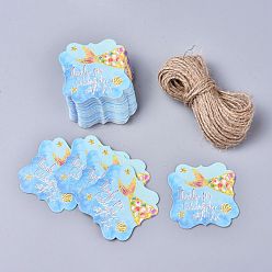 Light Sky Blue Floral Pattern Paper Gift Tags, Hang Tags, with Jute Twine, Square with Word Thank You for Celebrating with Us, Light Sky Blue, 5x5x0.05cm, Hole: 4mm, 50pcs/set