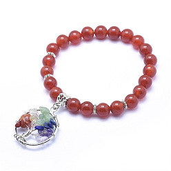 Carnelian Natural Carnelian Stretch Charm Bracelets, with Alloy Pendants, Flat Round with Tree, 2-1/4 inch(56mm)