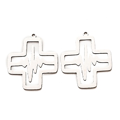 Stainless Steel Color 201 Stainless Steel Pendants, Cross with Heartbeat Pattern Charms, Laser Cut, Cut-Out, Stainless Steel Color, 28.5x24x1mm, Hole: 1.5mm