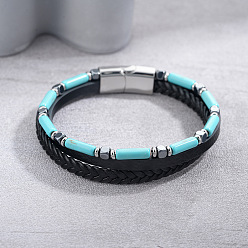Synthetic Turquoise Column Synthetic Turquoise Braided PU Leather 3-Strand Bracelets with Stainless Steel Magnetic Clasps for Men, Stainless Steel Color, 7.87 inch(20cm)