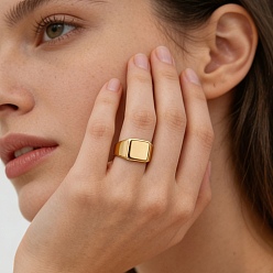 Настоящее золото 18K 304 кольца для пальцев из нержавеющей стали для женщин, прямоугольные, реальный 18 k позолоченный, 9.5 мм, внутренний диаметр: 17 мм