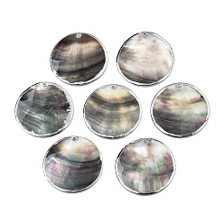 черная губная раковина Оболочки губ натуральный черный подвески, с латунным покрытием с платиновым покрытием, плоско-круглые, 40x3~5.5 мм, отверстие : 1.4~1.6 мм