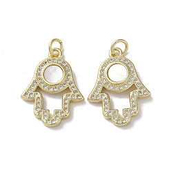 Real 18K Gold Plated Brass Micro Pave Cubic Zirconia Pendants, Cadmium Free & Lead Free, with Shell, Hamsa Hand, Real 18K Gold Plated, 22x16.5x2.5mm, Hole: 3mm
