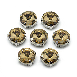 Темный Хаки Шить на горный хрусталь, многожильных ссылки, стекло горный хрусталь, с настройками латуни, аксессуары для одежды, граненые, плоско-круглые, платина, Темный хаки, 11x7.2 мм, отверстие : 0.8~1 мм