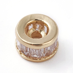 Golden Brass Beads, with Clear Cubic Zirconia, Long-Lasting Plated, Column, Golden, 6x3.5mm, Hole: 1.2mm