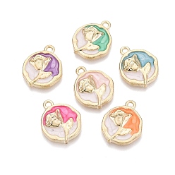(52) Непрозрачная лаванда Подвески из эмали и сплава, плоские круглые и цветочные подвески, золотой свет, разноцветные, 19x16x3 мм, отверстие : 1.8 мм