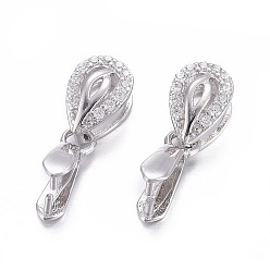 Platinum Anti-Tarnish Rhodium Plated 925 Sterling Silver Pendant Bails, with Cubic Zirconia, with 925 Stamp, Ice Pick Pinch Bails, Teardrop, Clear, Platinum, 15mm, Hole: 6x2.5mm, Pin: 0.8mm, Inseam Length: 4mm